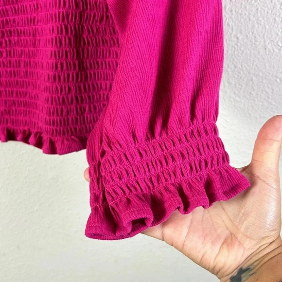 Free People Brenyce smocked Boho top blouse ruffled sleeves jungle flower SZ M - Picture 7 of 14